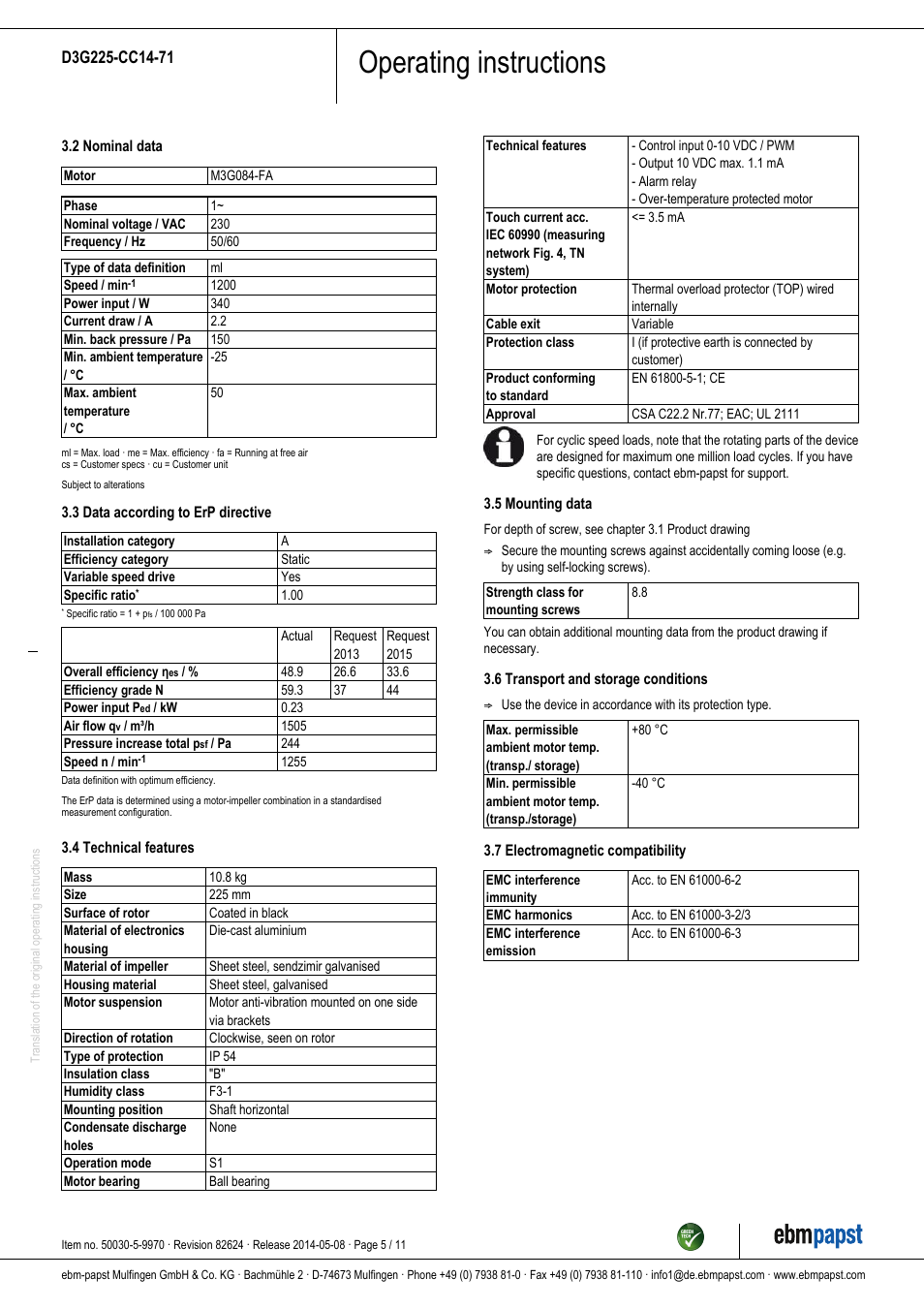 Operating instructions | ebm-papst D3G225-CC14-71 User Manual | Page 5 / 11