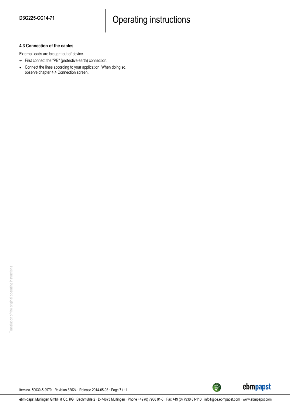 Operating instructions | ebm-papst D3G225-CC14-71 User Manual | Page 7 / 11