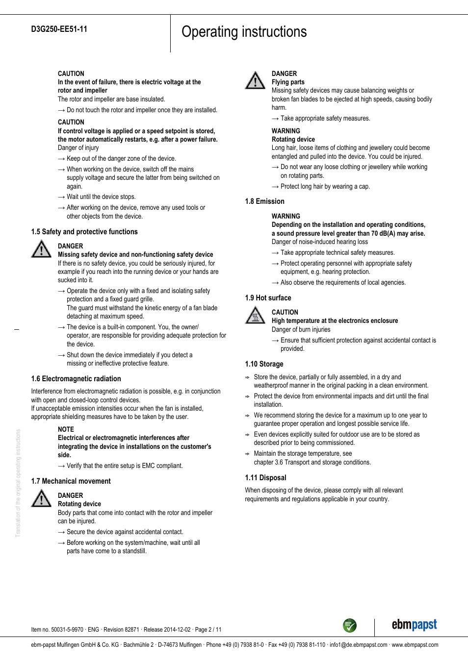 Operating instructions | ebm-papst D3G250-EE51-11 User Manual | Page 2 / 11