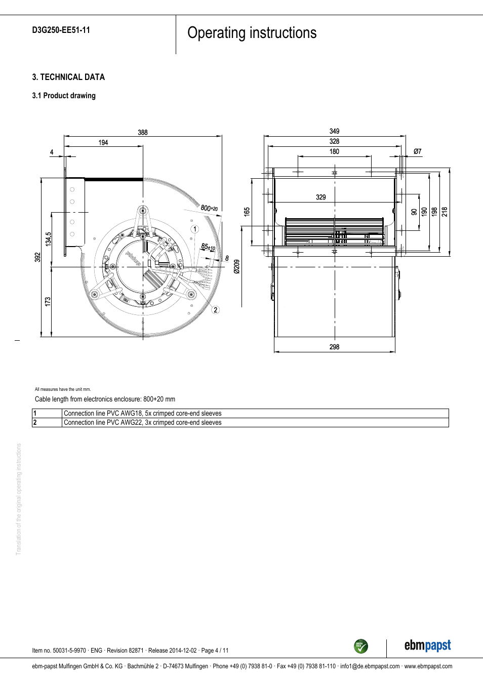 Operating instructions | ebm-papst D3G250-EE51-11 User Manual | Page 4 / 11