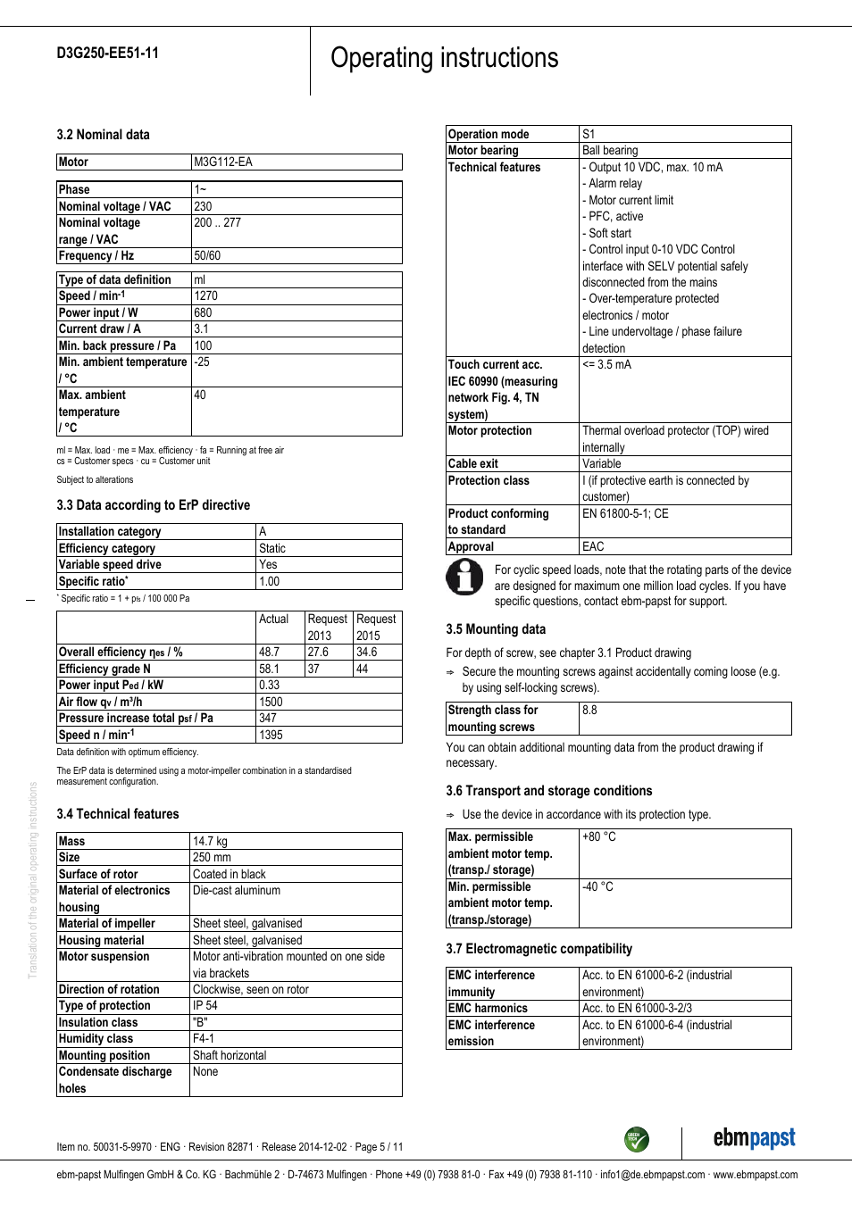 Operating instructions | ebm-papst D3G250-EE51-11 User Manual | Page 5 / 11