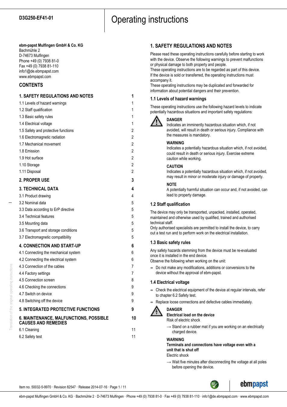 ebm-papst D3G250-EF41-01 User Manual | 11 pages