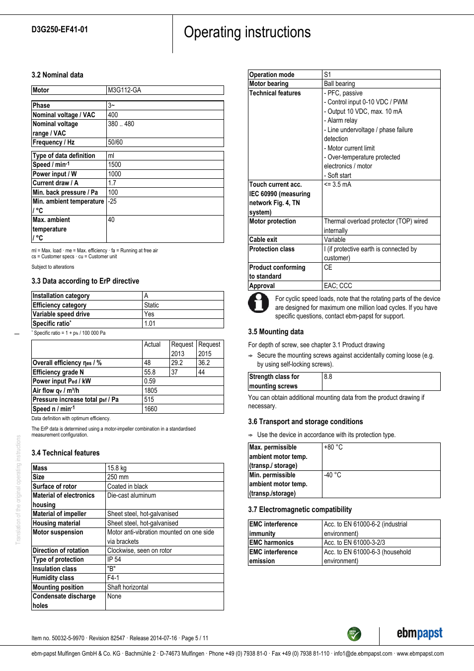 Operating instructions | ebm-papst D3G250-EF41-01 User Manual | Page 5 / 11