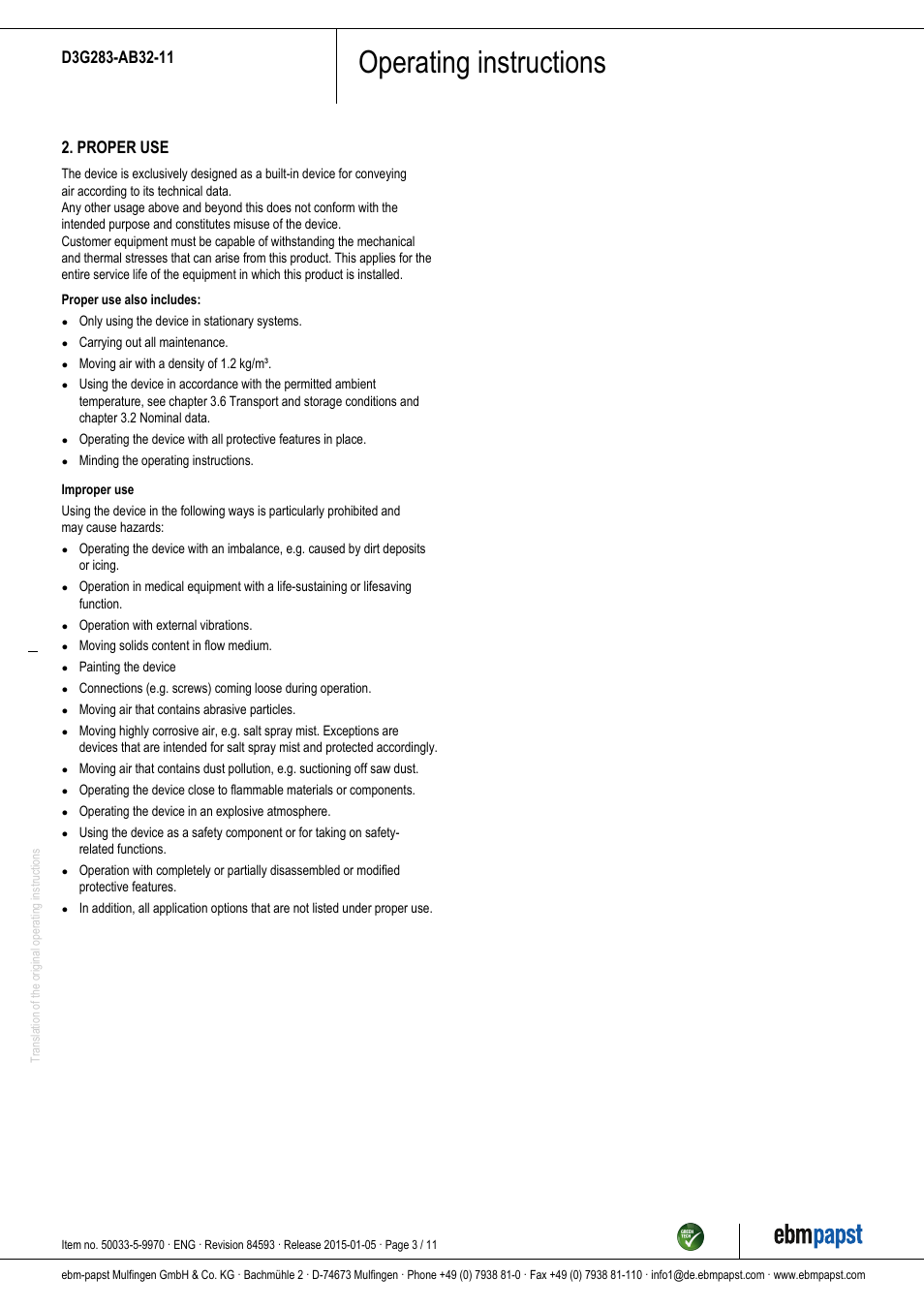 Operating instructions, Proper use | ebm-papst D3G283-AB32-11 User Manual | Page 3 / 11