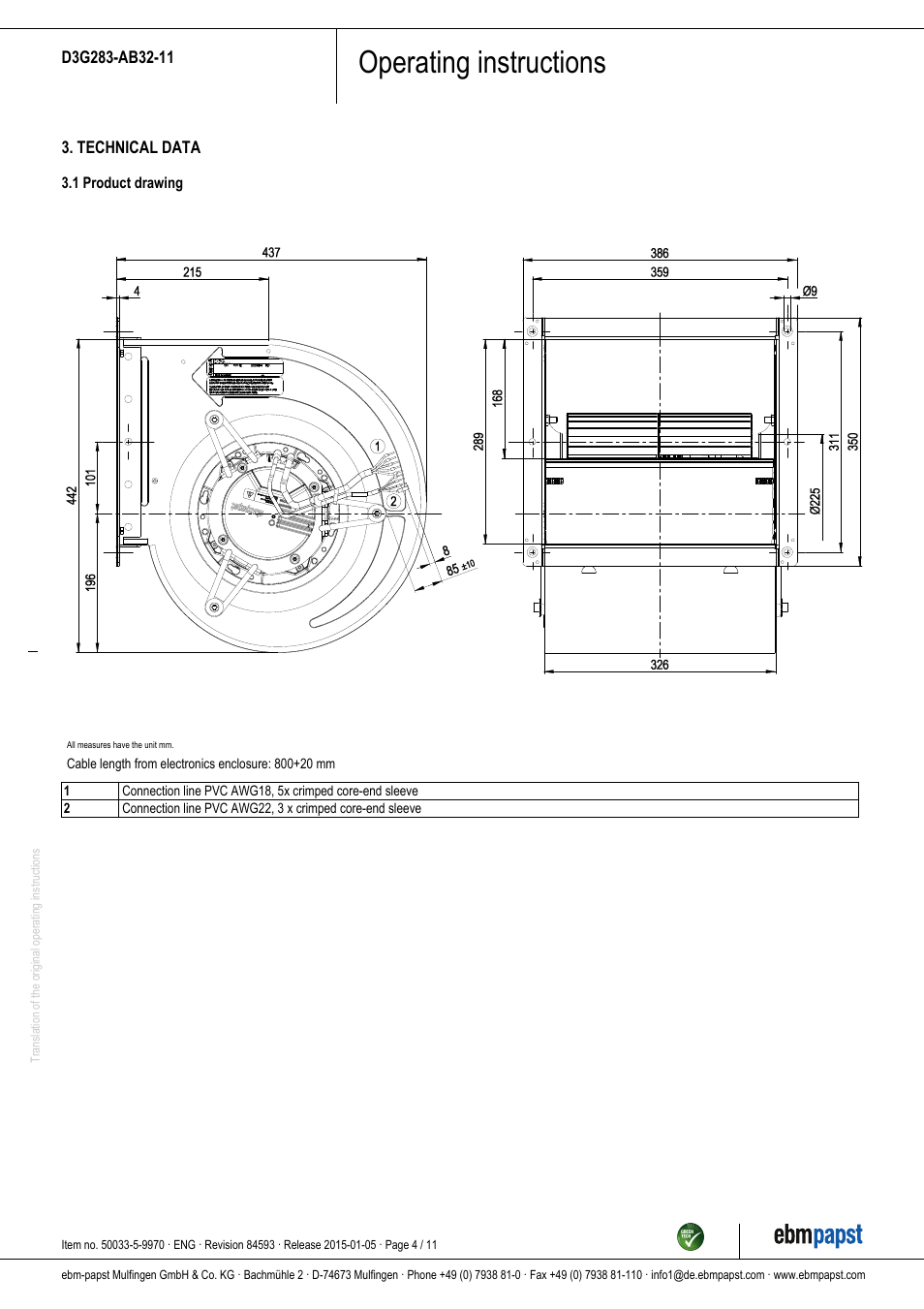 Operating instructions | ebm-papst D3G283-AB32-11 User Manual | Page 4 / 11