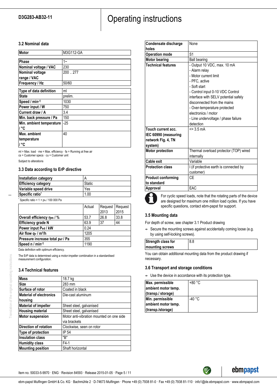 Operating instructions | ebm-papst D3G283-AB32-11 User Manual | Page 5 / 11