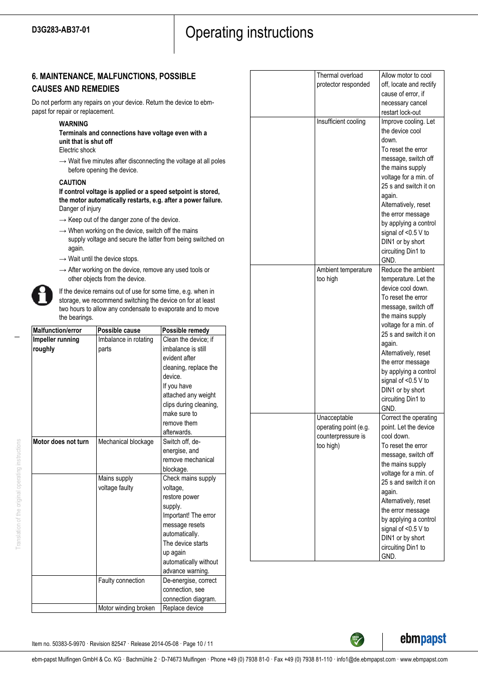 Operating instructions | ebm-papst D3G283-AB37-01 User Manual | Page 10 / 11