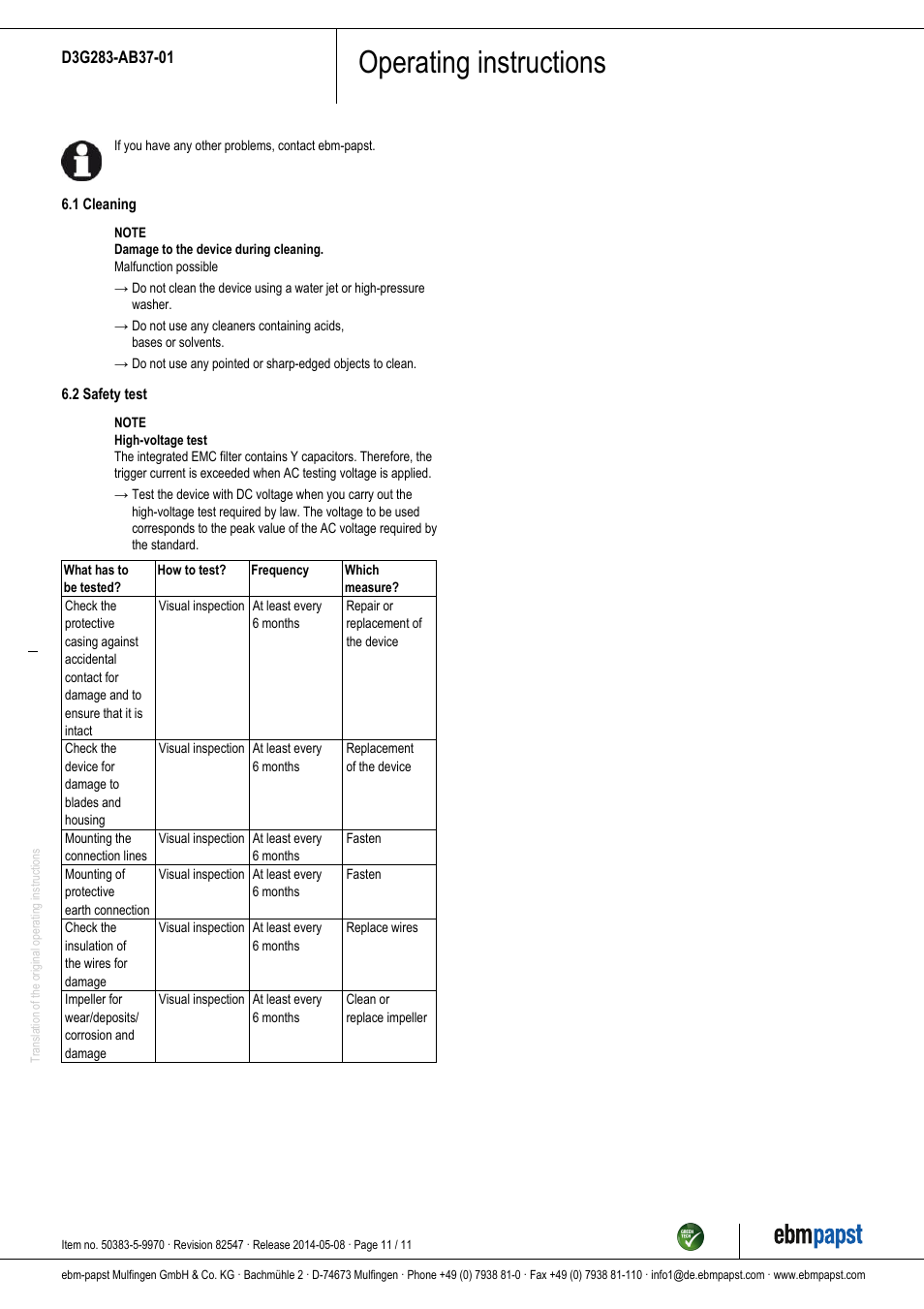 Operating instructions | ebm-papst D3G283-AB37-01 User Manual | Page 11 / 11