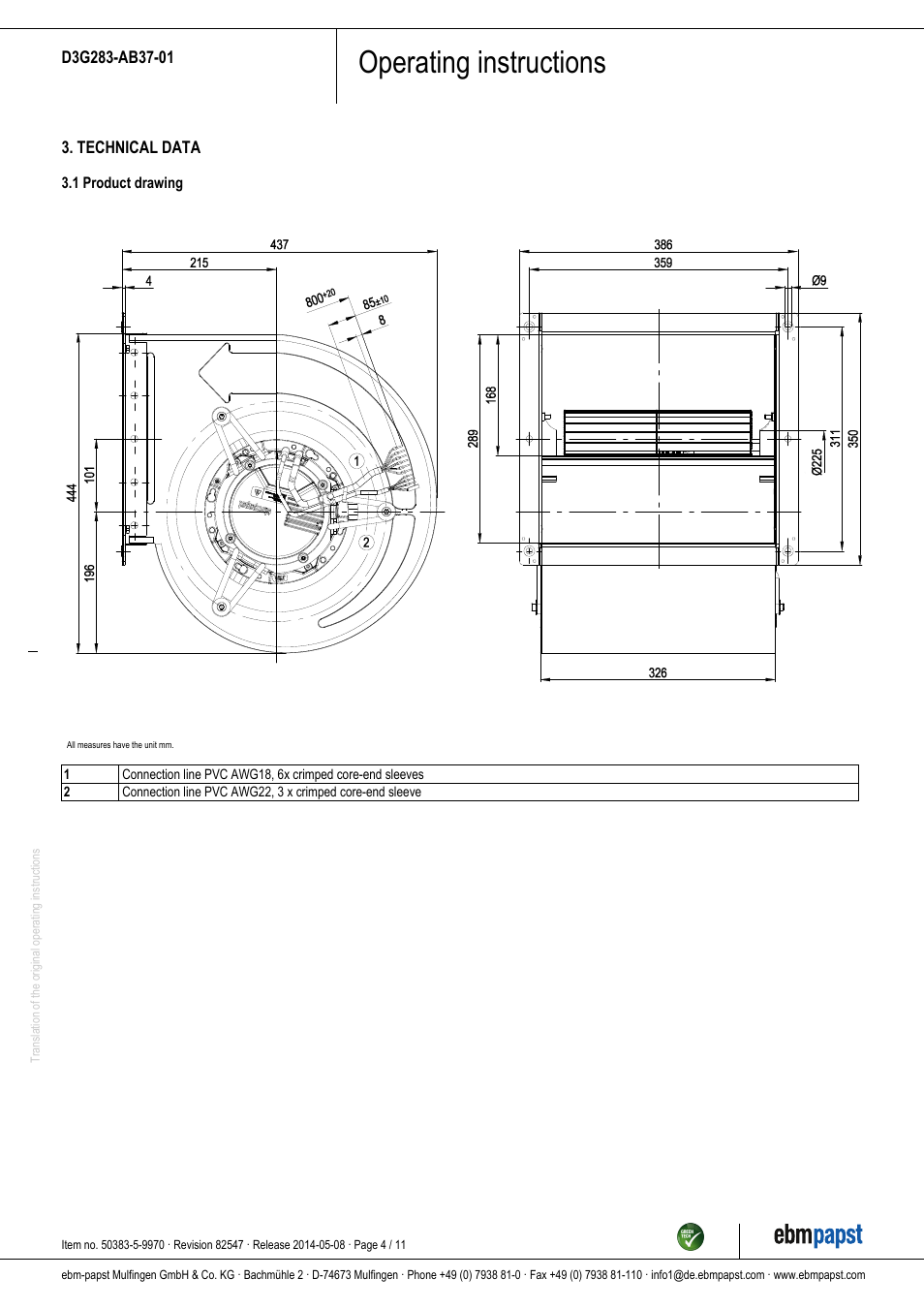 Operating instructions | ebm-papst D3G283-AB37-01 User Manual | Page 4 / 11