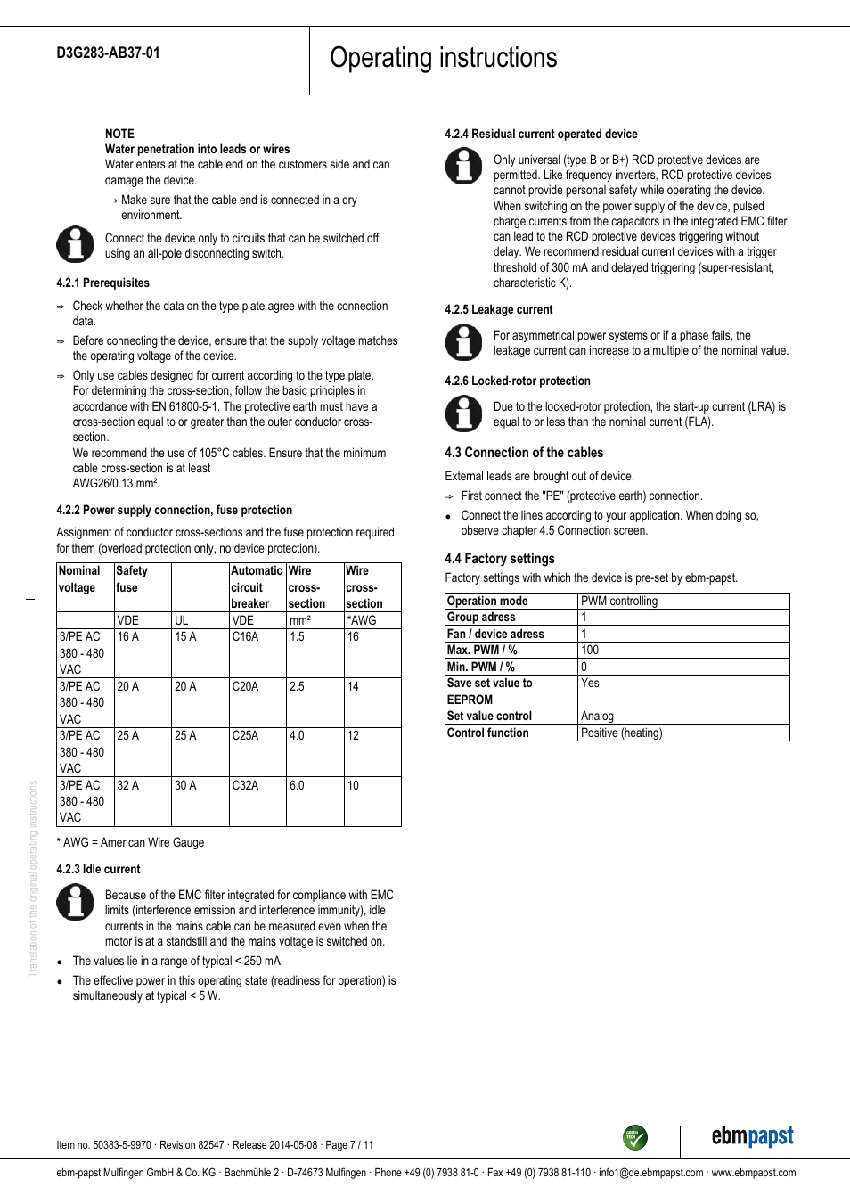 Operating instructions | ebm-papst D3G283-AB37-01 User Manual | Page 7 / 11