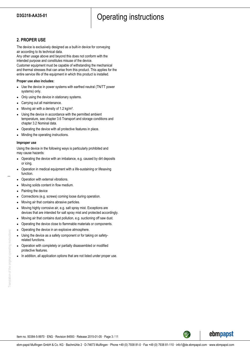 Operating instructions, Proper use | ebm-papst D3G318-AA35-01 User Manual | Page 3 / 11