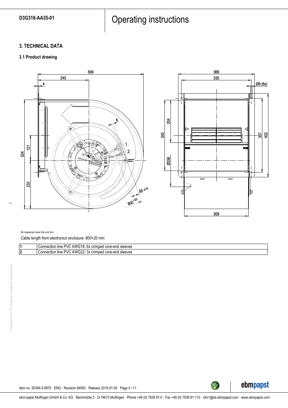 Operating instructions | ebm-papst D3G318-AA35-01 User Manual | Page 4 / 11