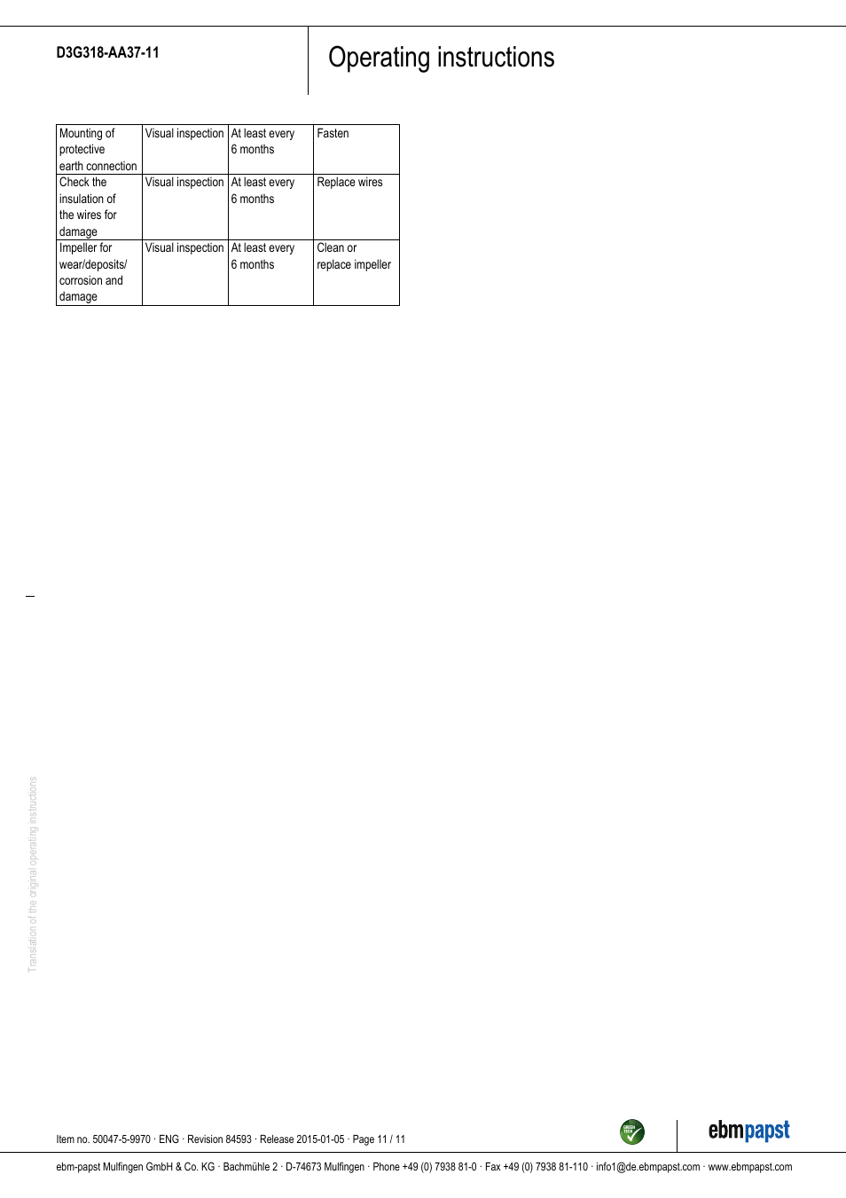 Operating instructions | ebm-papst D3G318-AA37-11 User Manual | Page 11 / 11