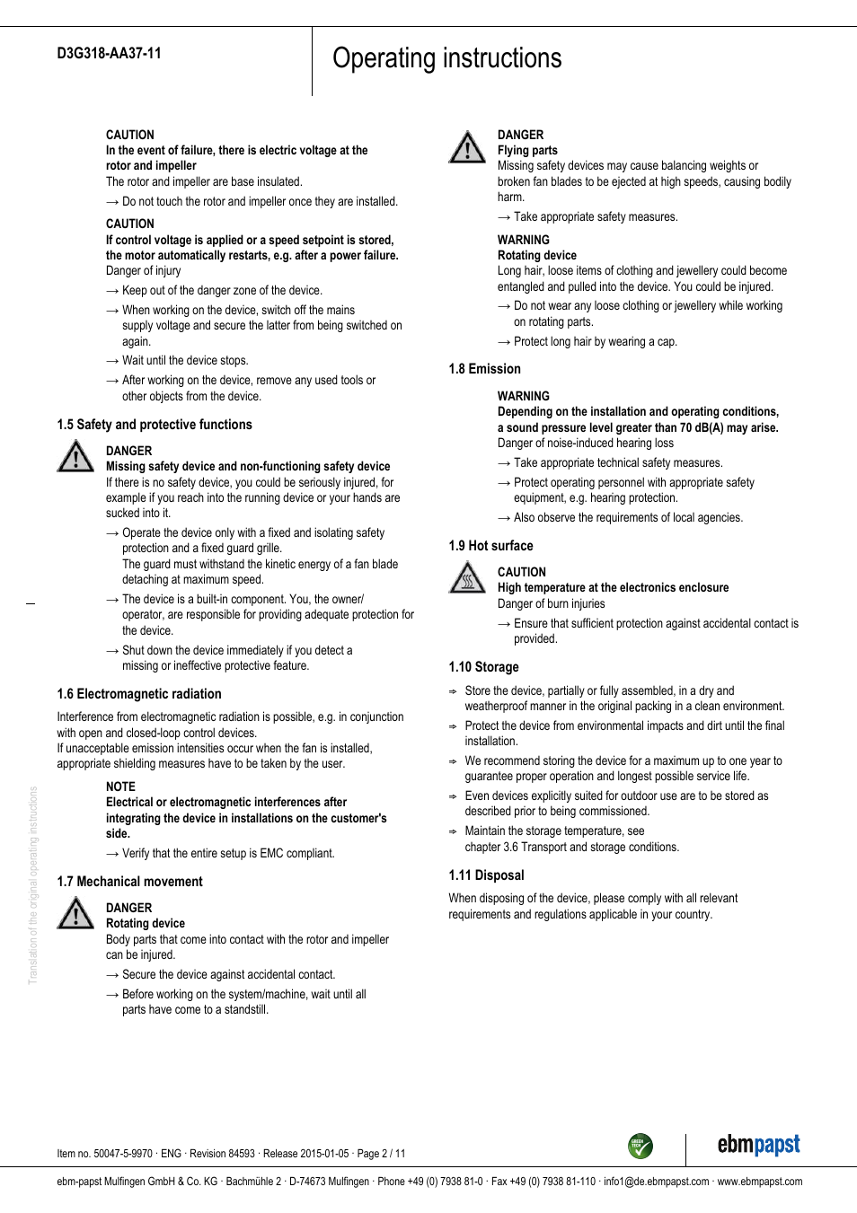 Operating instructions | ebm-papst D3G318-AA37-11 User Manual | Page 2 / 11