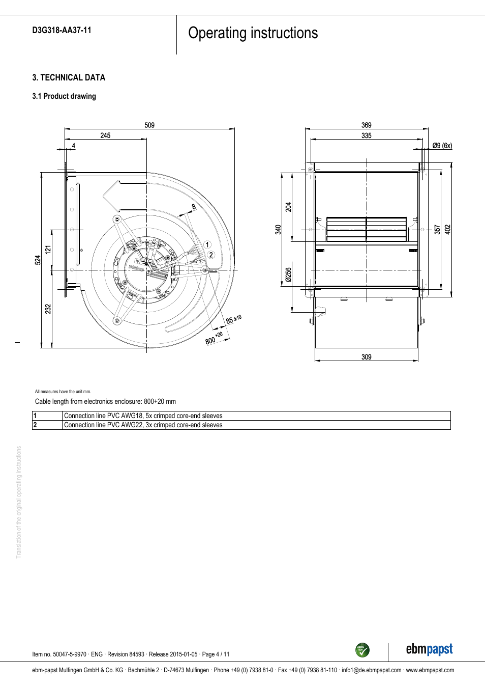 Operating instructions | ebm-papst D3G318-AA37-11 User Manual | Page 4 / 11