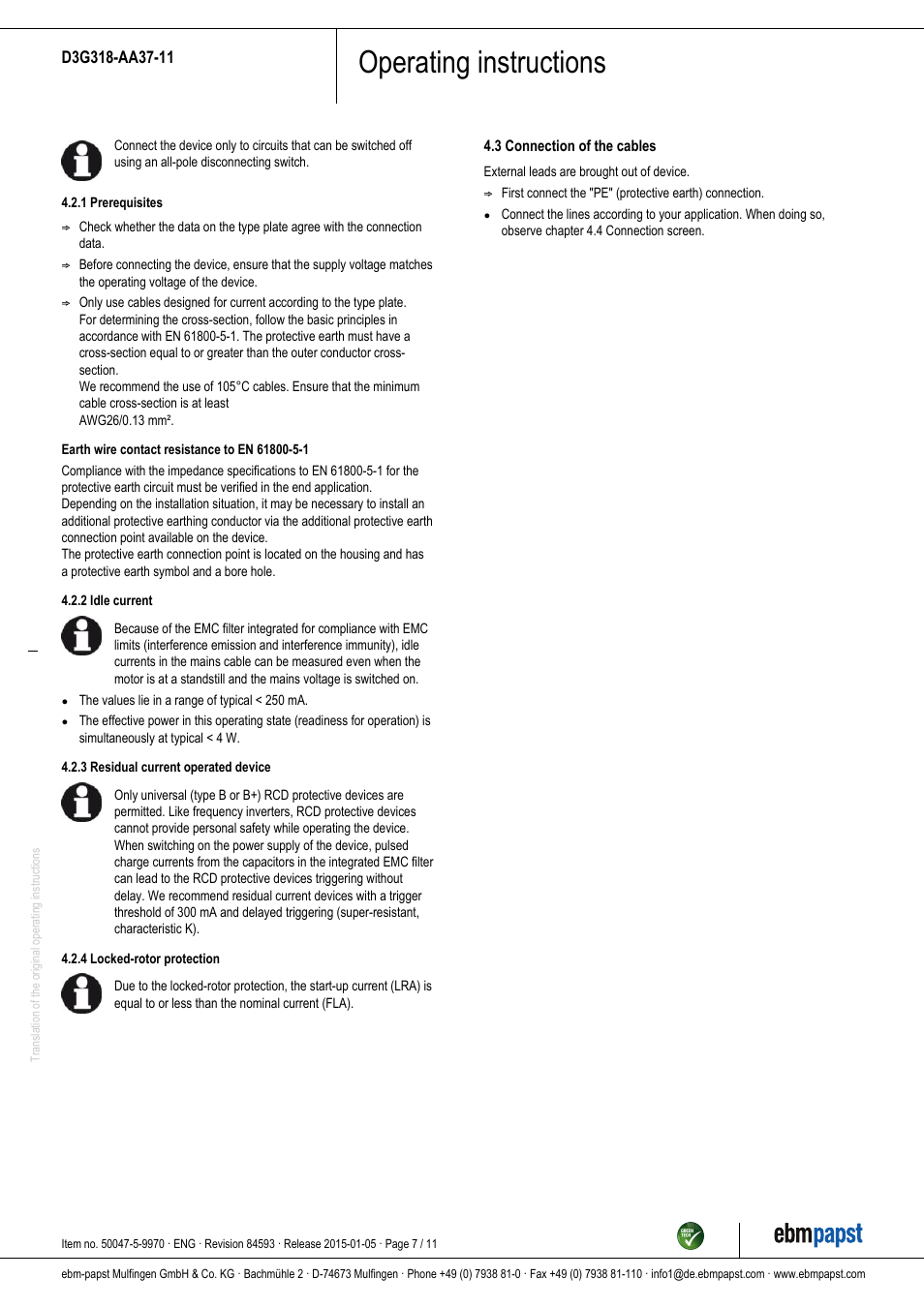 Operating instructions | ebm-papst D3G318-AA37-11 User Manual | Page 7 / 11