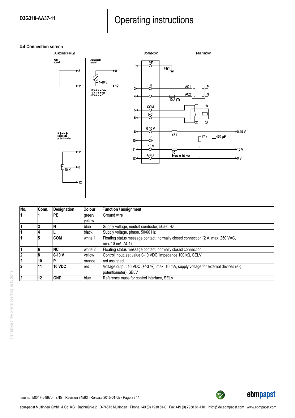 Operating instructions | ebm-papst D3G318-AA37-11 User Manual | Page 8 / 11