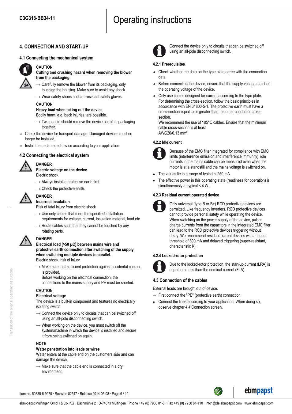 Operating instructions | ebm-papst D3G318-BB34-11 User Manual | Page 6 / 10