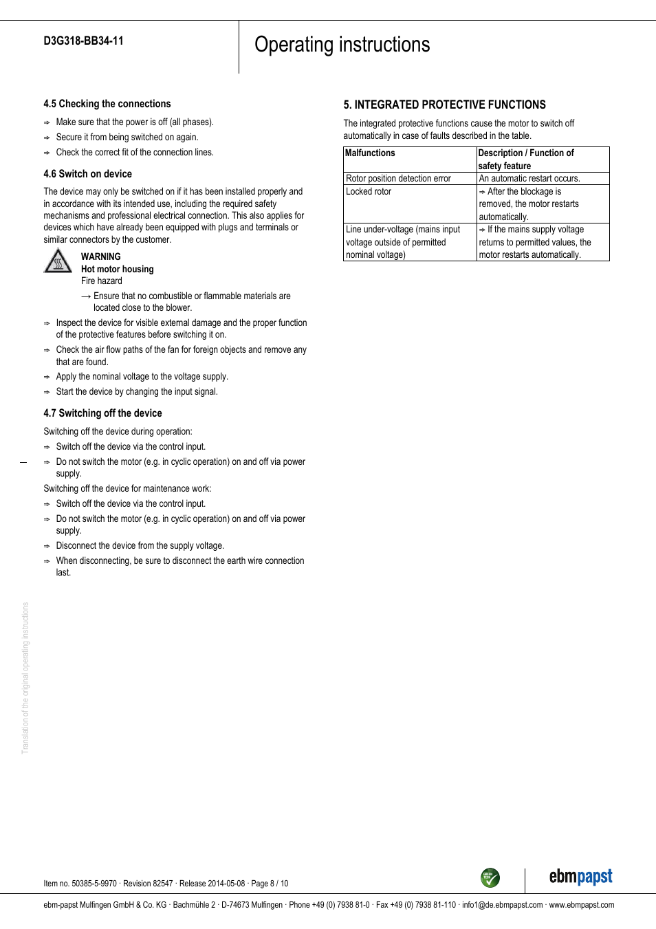 Operating instructions | ebm-papst D3G318-BB34-11 User Manual | Page 8 / 10