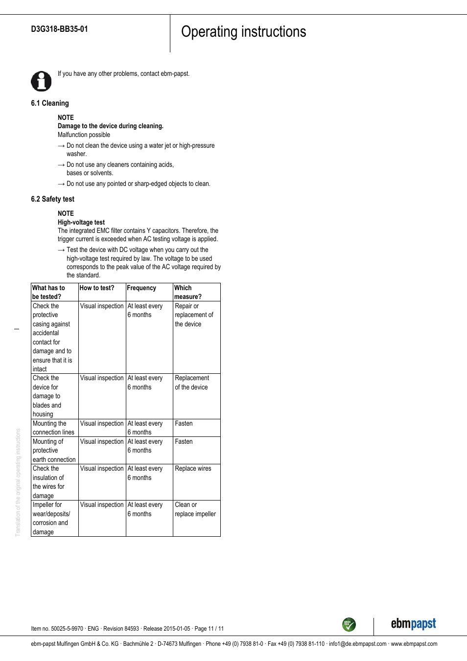Operating instructions | ebm-papst D3G318-BB35-01 User Manual | Page 11 / 11