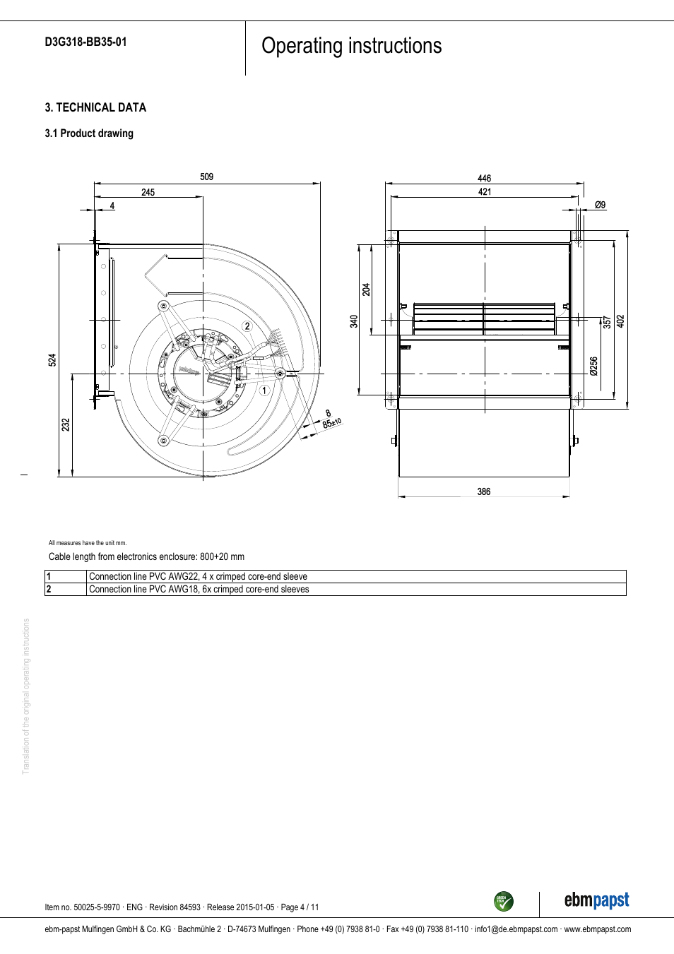 Operating instructions | ebm-papst D3G318-BB35-01 User Manual | Page 4 / 11