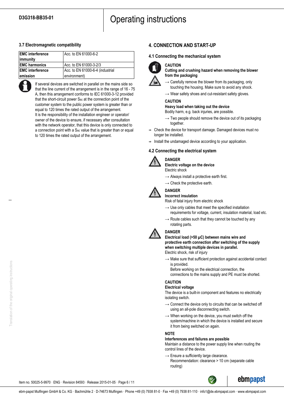 Operating instructions | ebm-papst D3G318-BB35-01 User Manual | Page 6 / 11