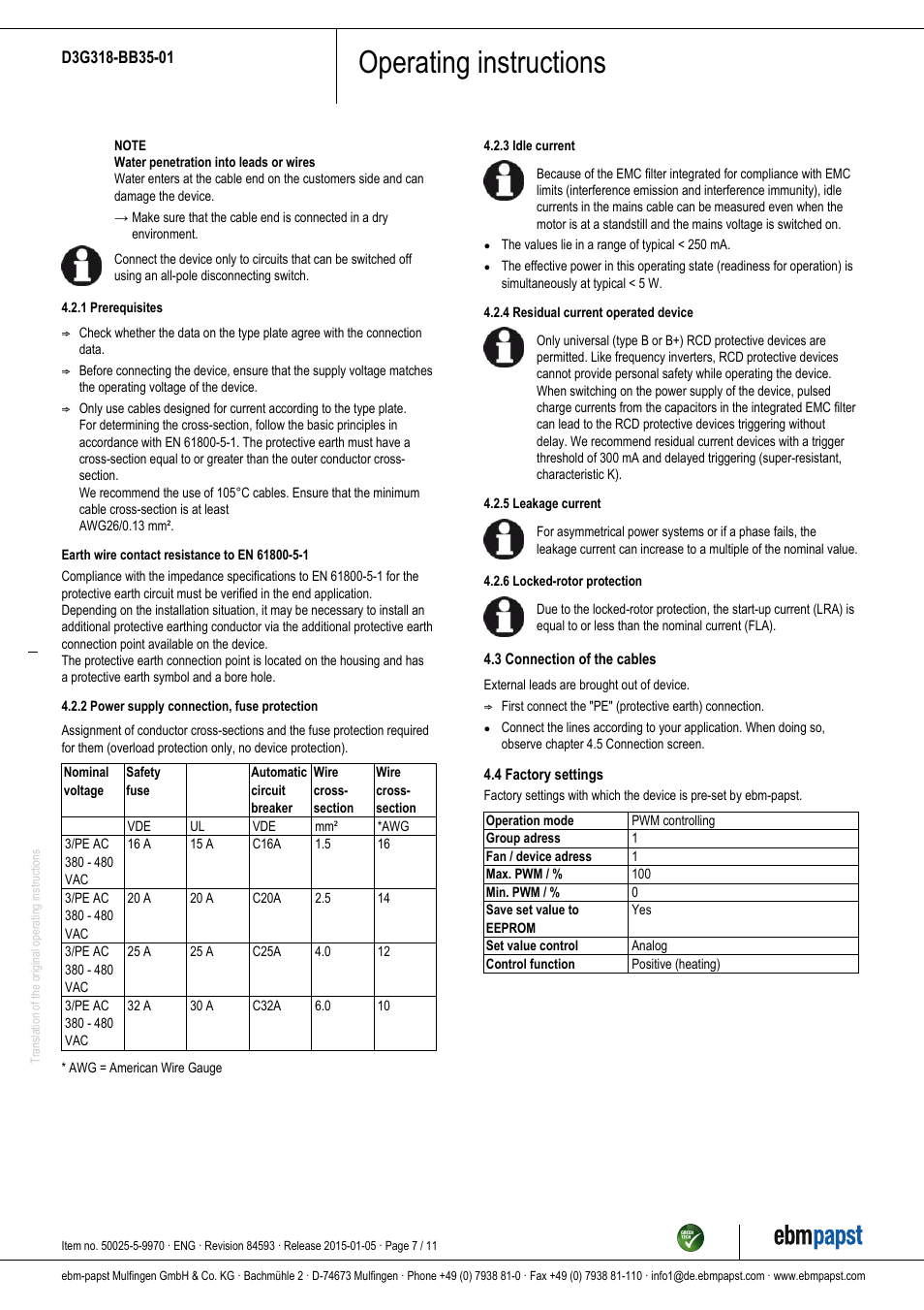 Operating instructions | ebm-papst D3G318-BB35-01 User Manual | Page 7 / 11