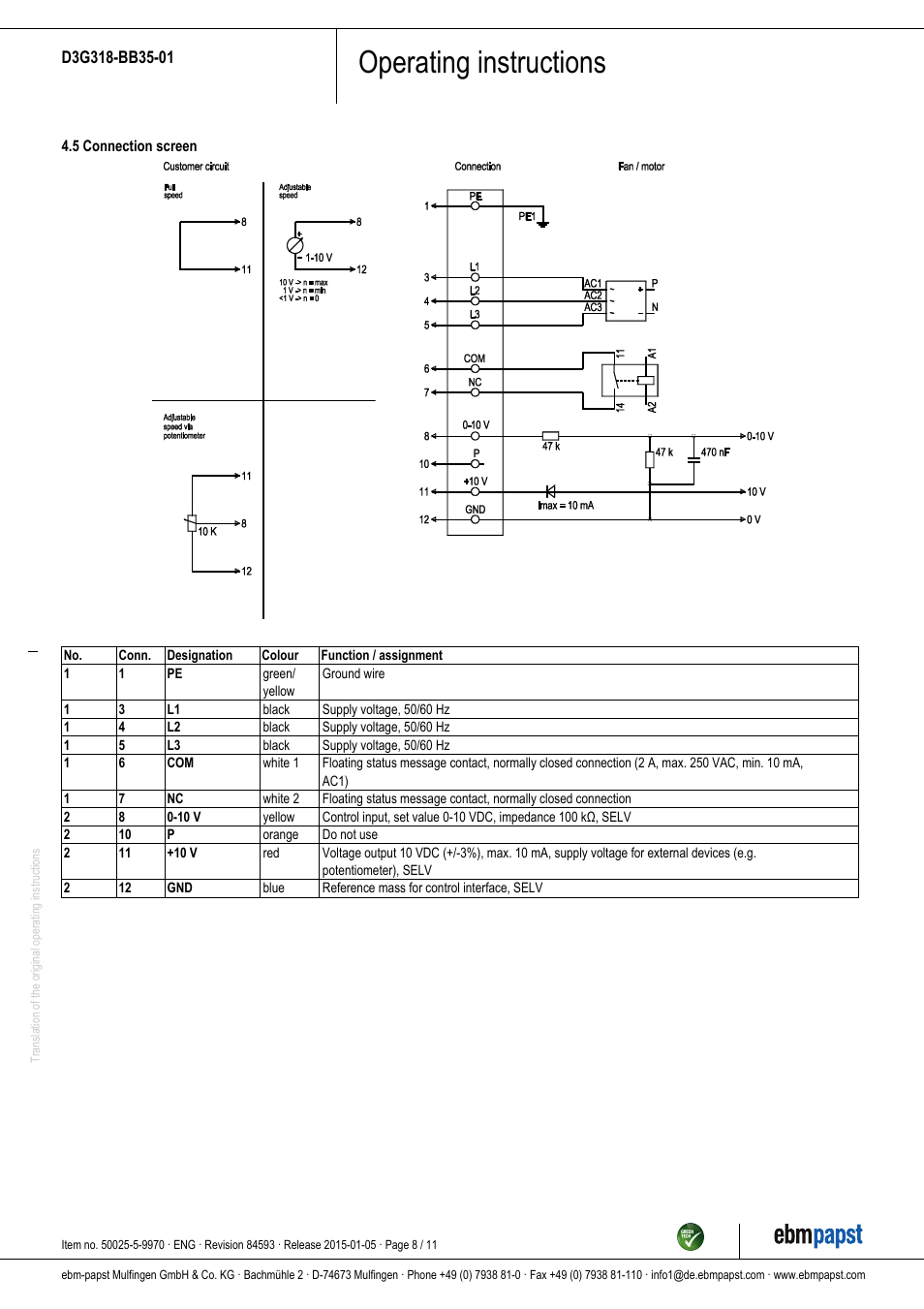 Operating instructions | ebm-papst D3G318-BB35-01 User Manual | Page 8 / 11