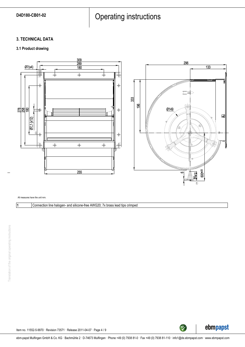 Operating instructions | ebm-papst D4D180-CB01-02 User Manual | Page 4 / 9