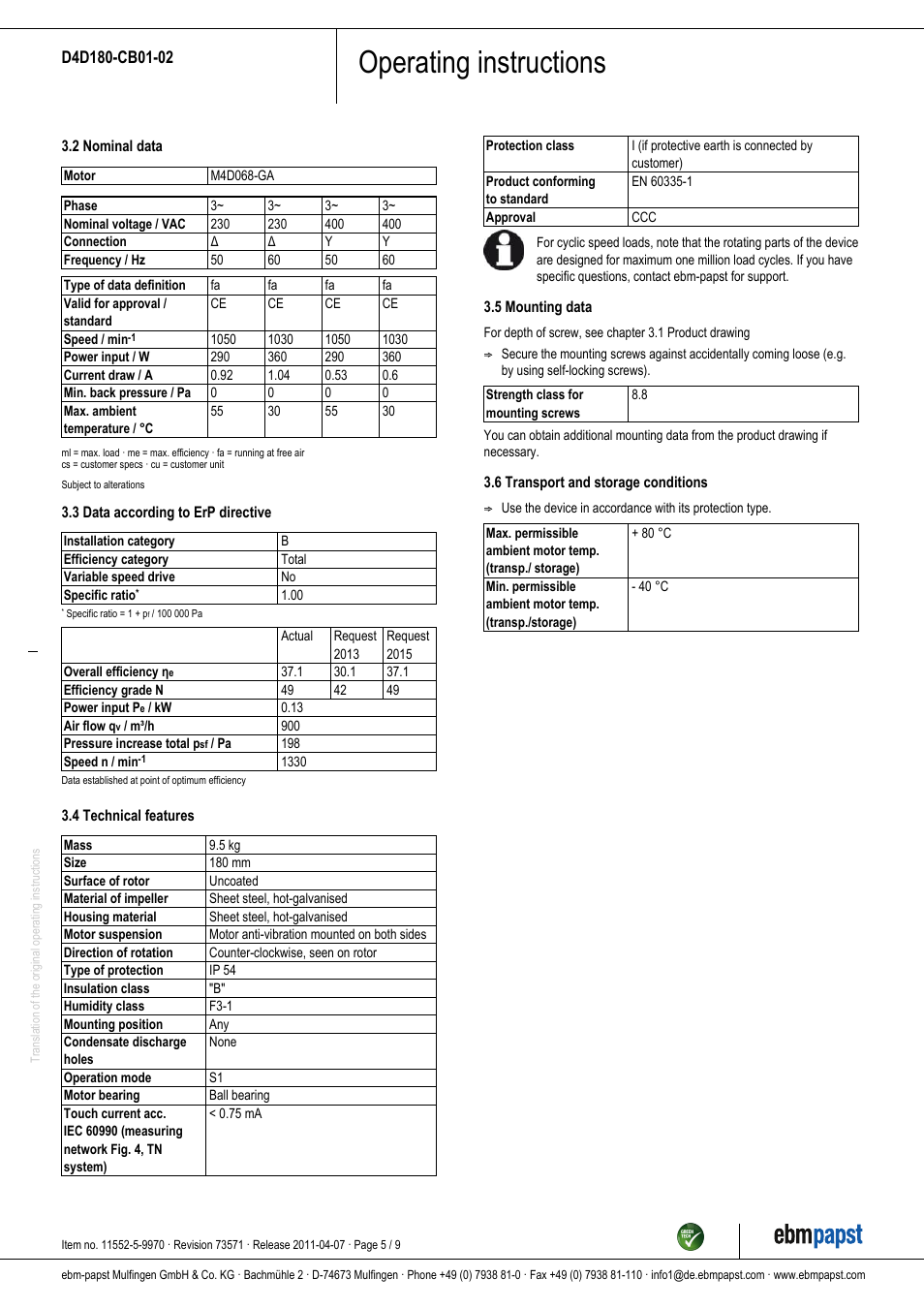 Operating instructions | ebm-papst D4D180-CB01-02 User Manual | Page 5 / 9