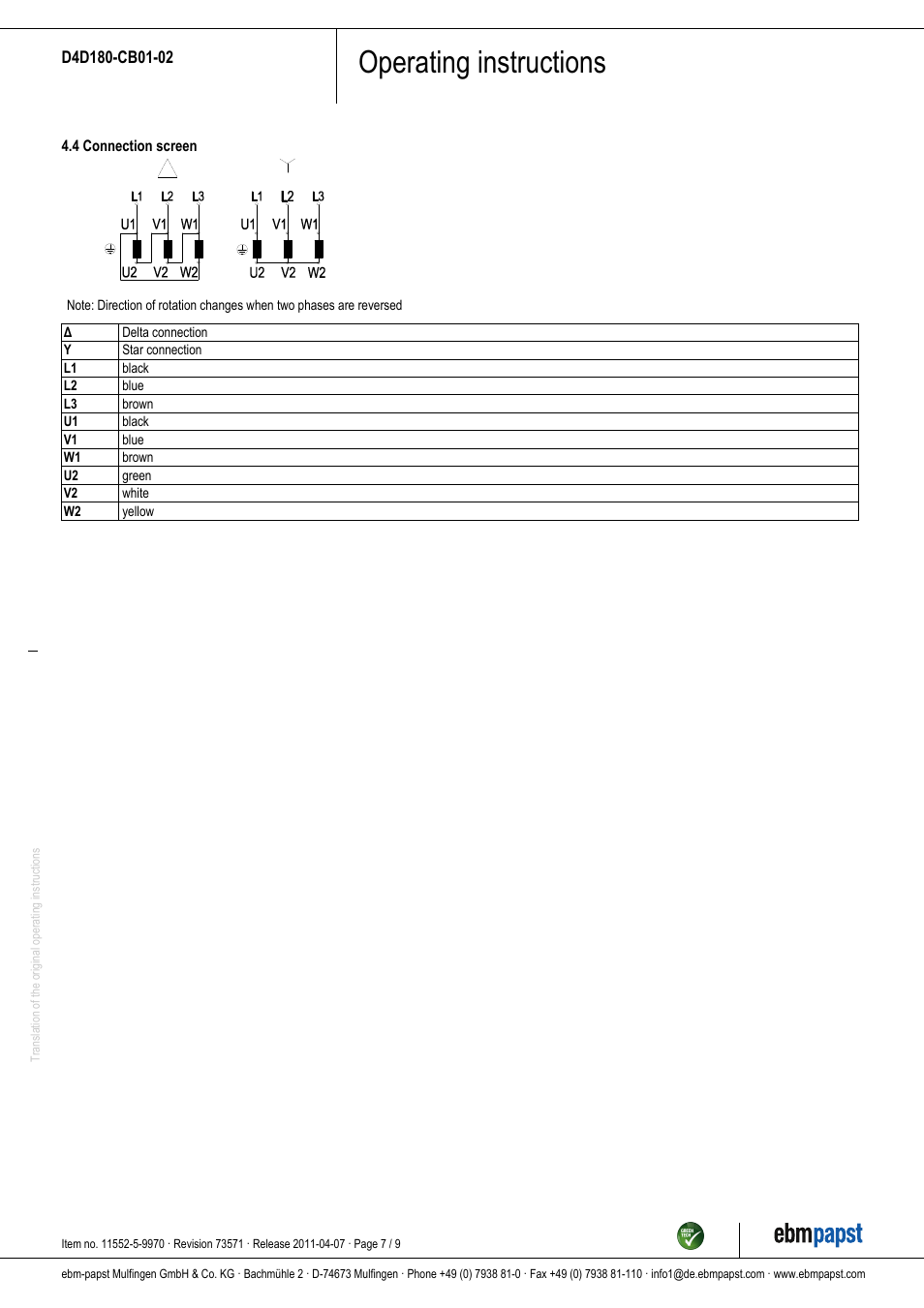 Operating instructions | ebm-papst D4D180-CB01-02 User Manual | Page 7 / 9