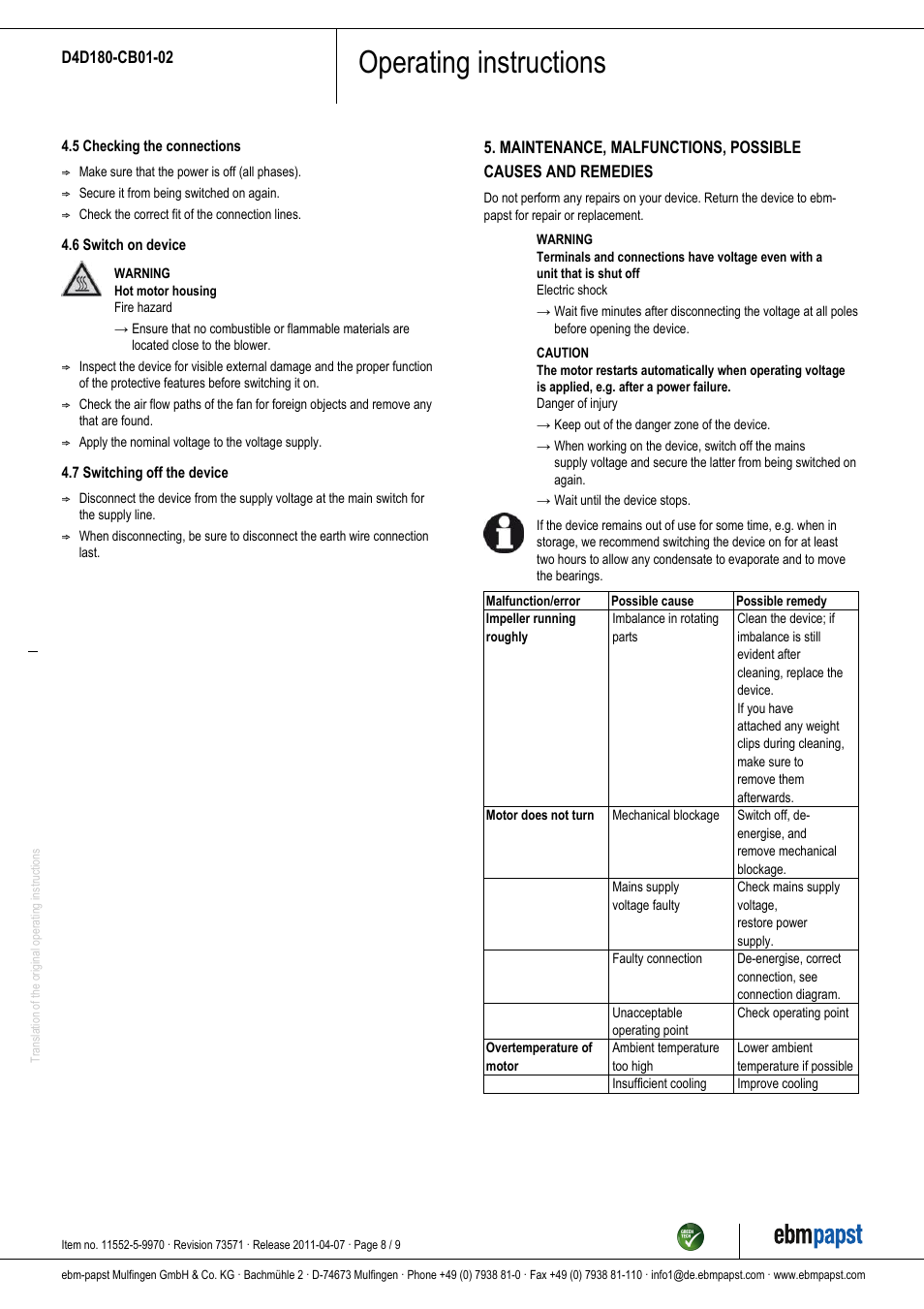 Operating instructions | ebm-papst D4D180-CB01-02 User Manual | Page 8 / 9