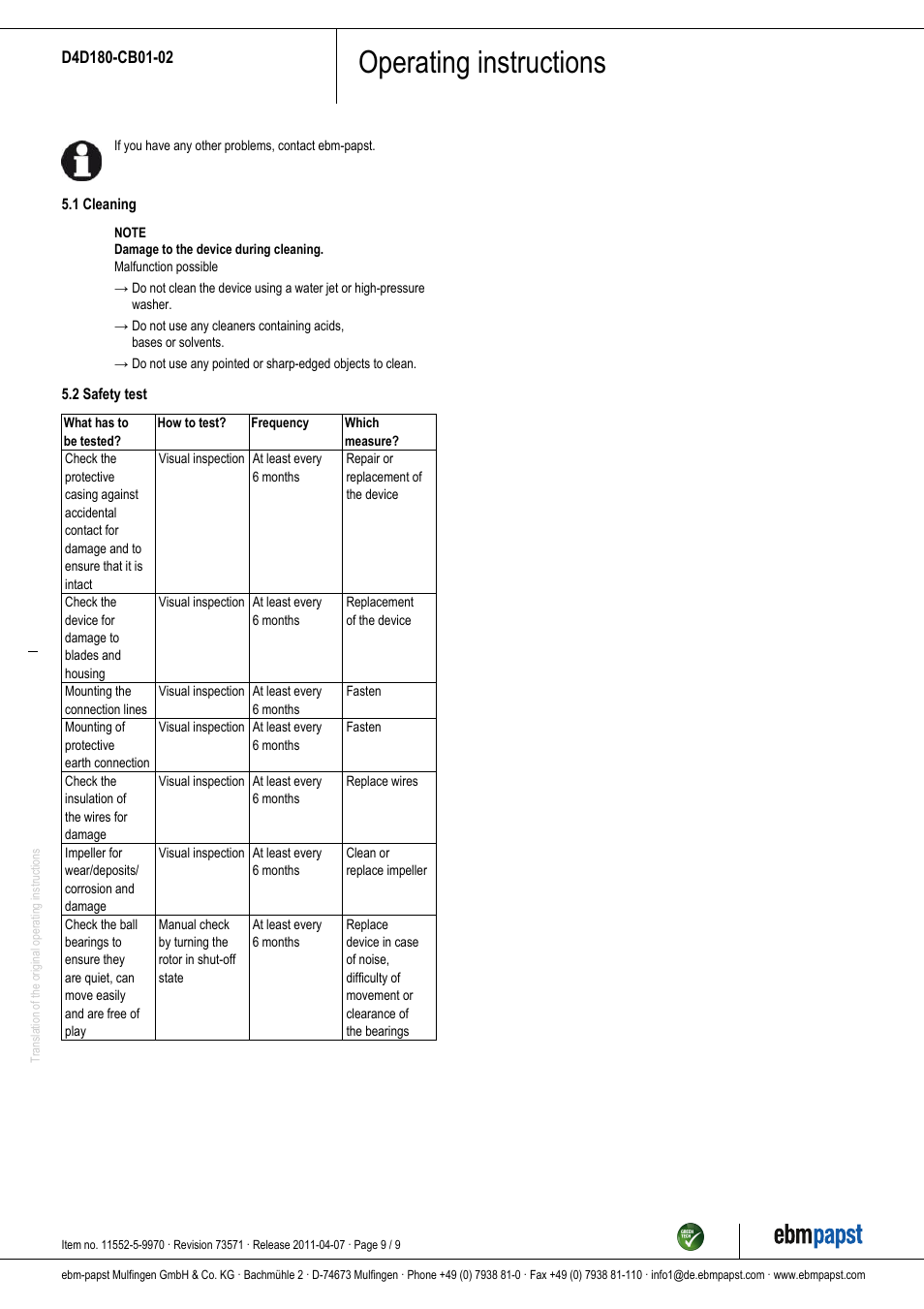 Operating instructions | ebm-papst D4D180-CB01-02 User Manual | Page 9 / 9
