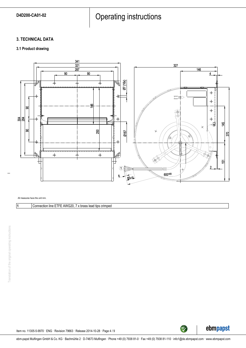 Operating instructions | ebm-papst D4D200-CA01-02 User Manual | Page 4 / 9