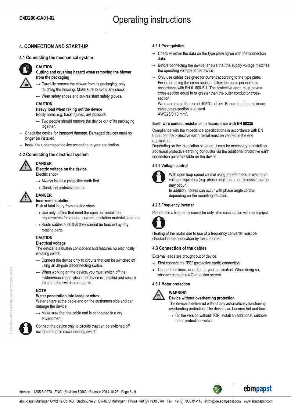 Operating instructions | ebm-papst D4D200-CA01-02 User Manual | Page 6 / 9
