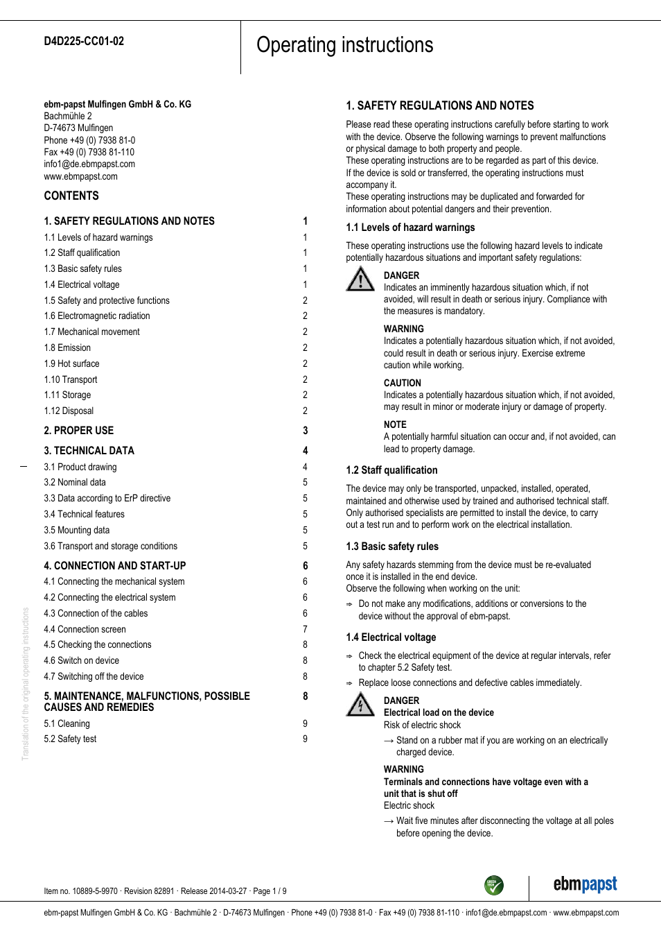 ebm-papst D4D225-CC01-02 User Manual | 9 pages