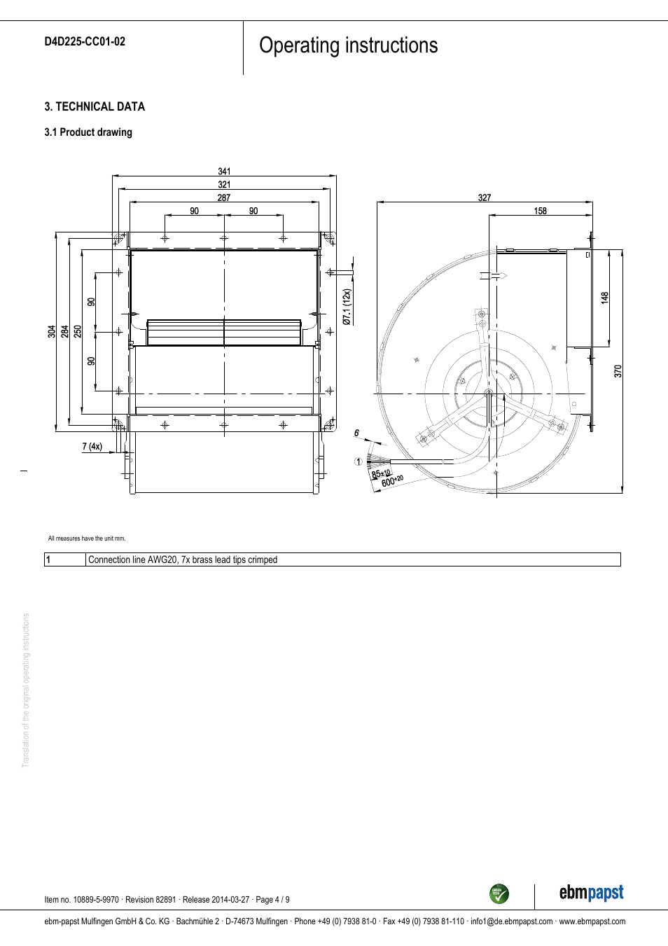 Operating instructions | ebm-papst D4D225-CC01-02 User Manual | Page 4 / 9