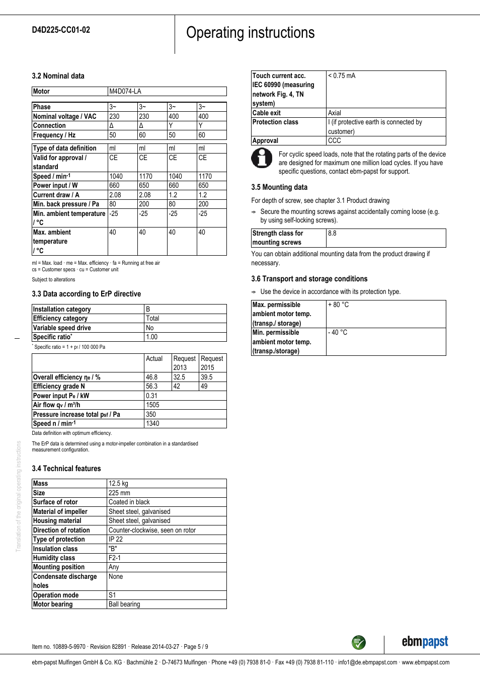 Operating instructions | ebm-papst D4D225-CC01-02 User Manual | Page 5 / 9