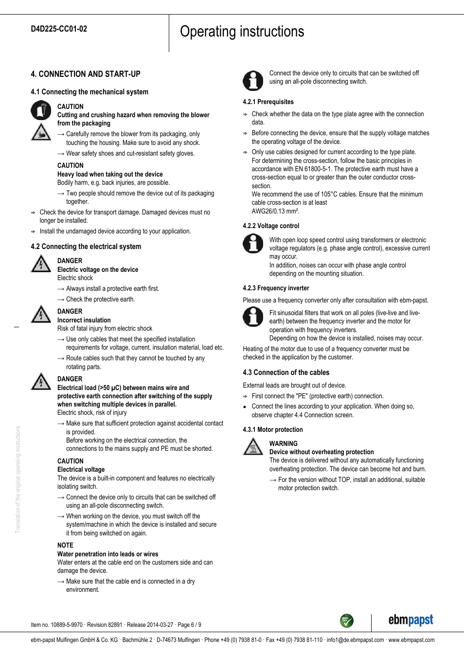 Operating instructions | ebm-papst D4D225-CC01-02 User Manual | Page 6 / 9