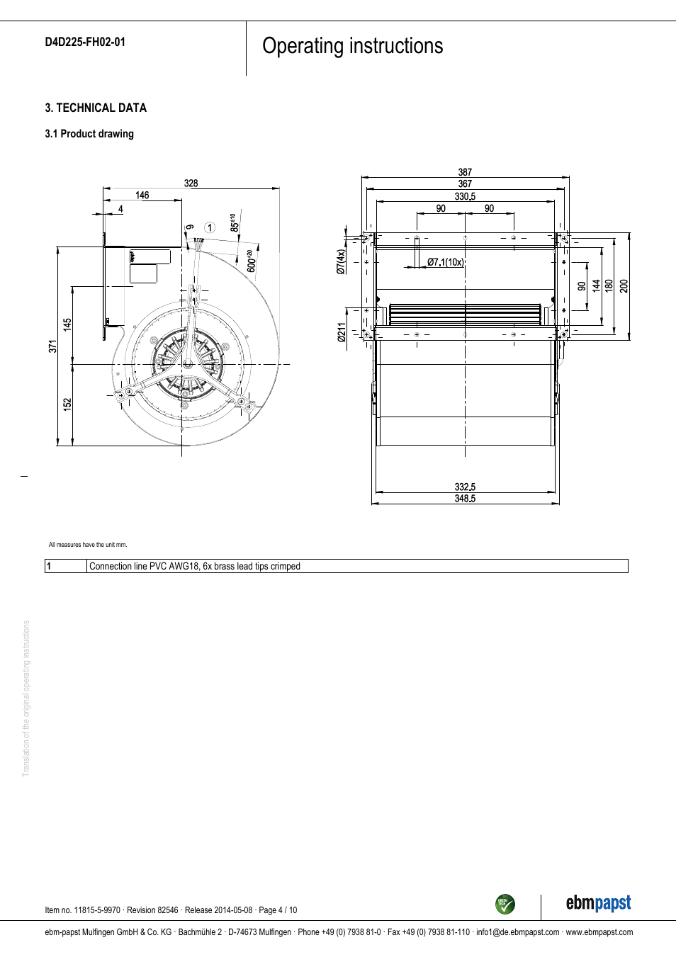 Operating instructions | ebm-papst D4D225-FH02-01 User Manual | Page 4 / 10