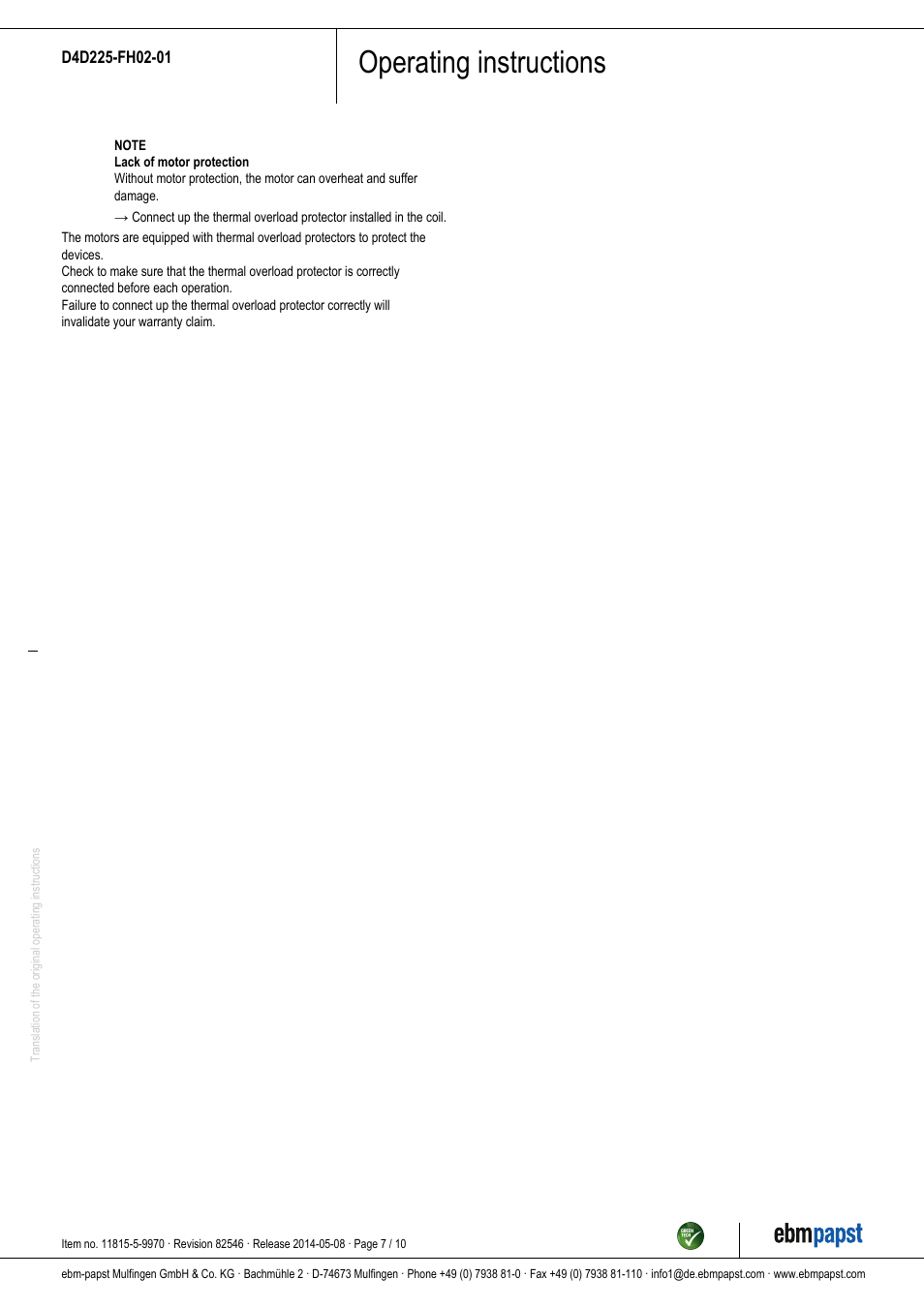 Operating instructions | ebm-papst D4D225-FH02-01 User Manual | Page 7 / 10