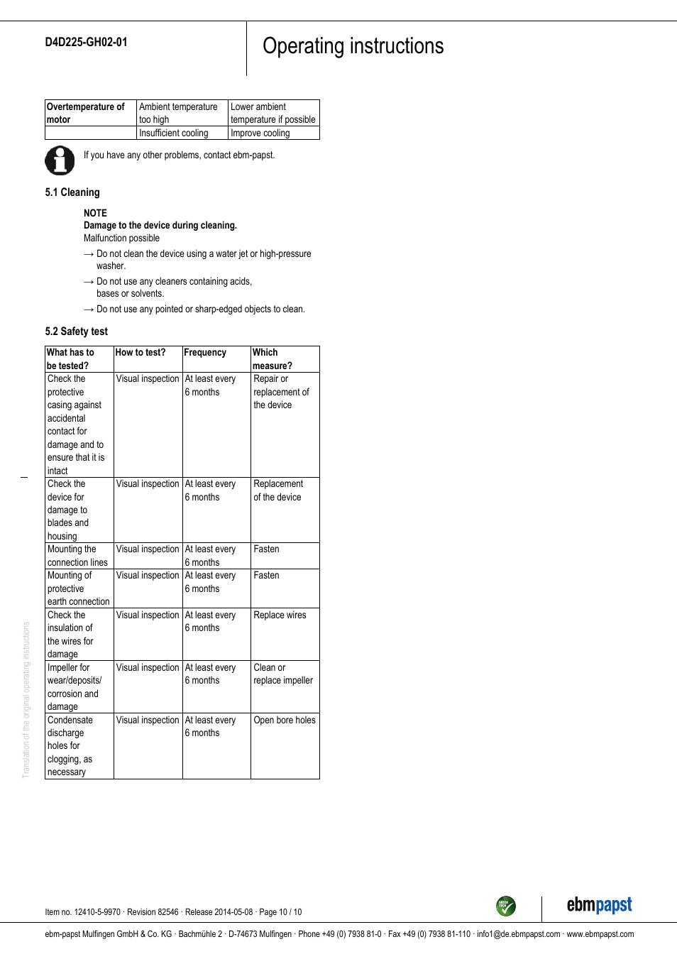 Operating instructions | ebm-papst D4D225-GH02-01 User Manual | Page 10 / 10