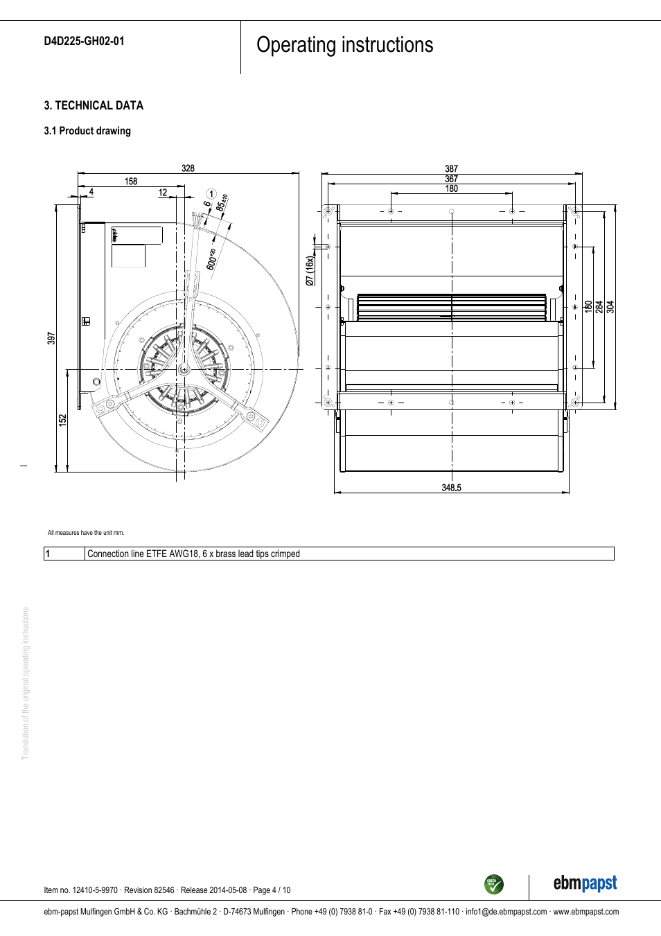 Operating instructions | ebm-papst D4D225-GH02-01 User Manual | Page 4 / 10