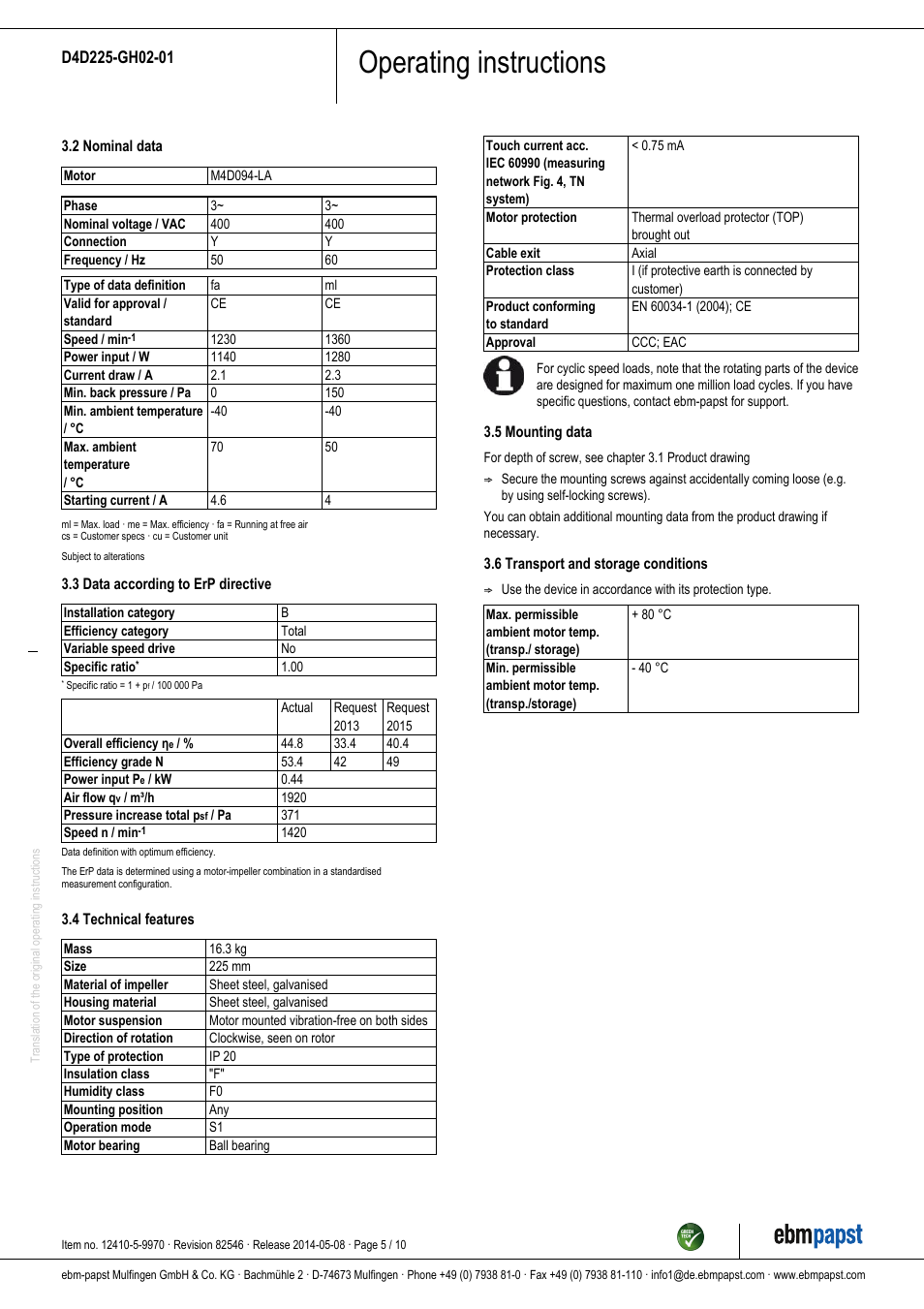 Operating instructions | ebm-papst D4D225-GH02-01 User Manual | Page 5 / 10