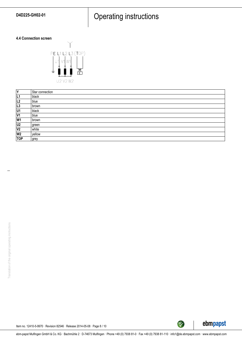 Operating instructions | ebm-papst D4D225-GH02-01 User Manual | Page 8 / 10