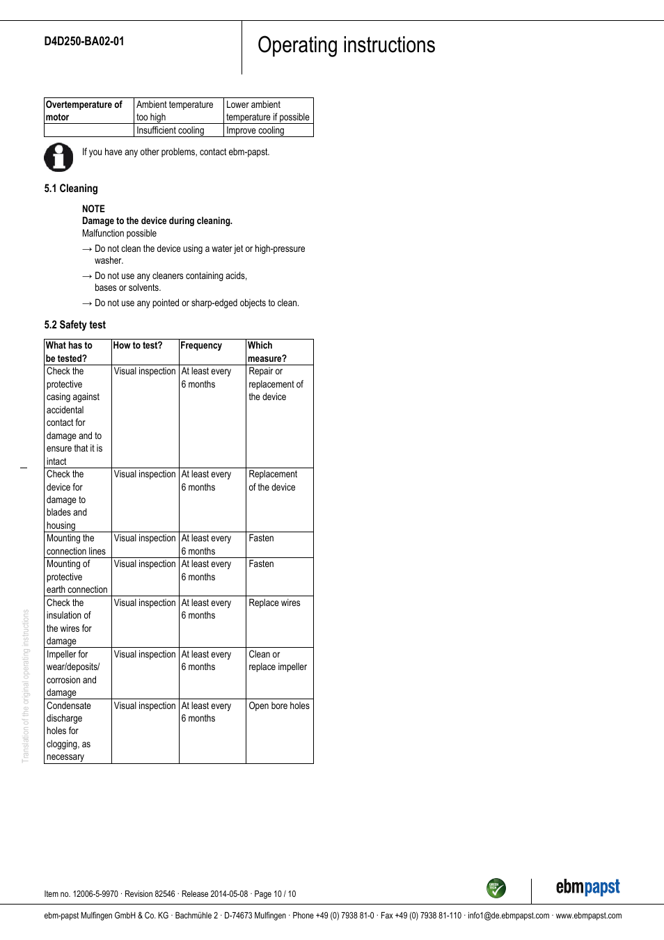 Operating instructions | ebm-papst D4D250-BA02-01 User Manual | Page 10 / 10