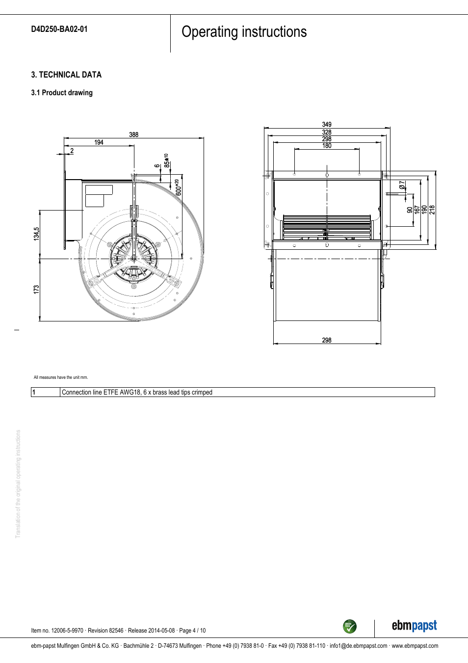Operating instructions | ebm-papst D4D250-BA02-01 User Manual | Page 4 / 10