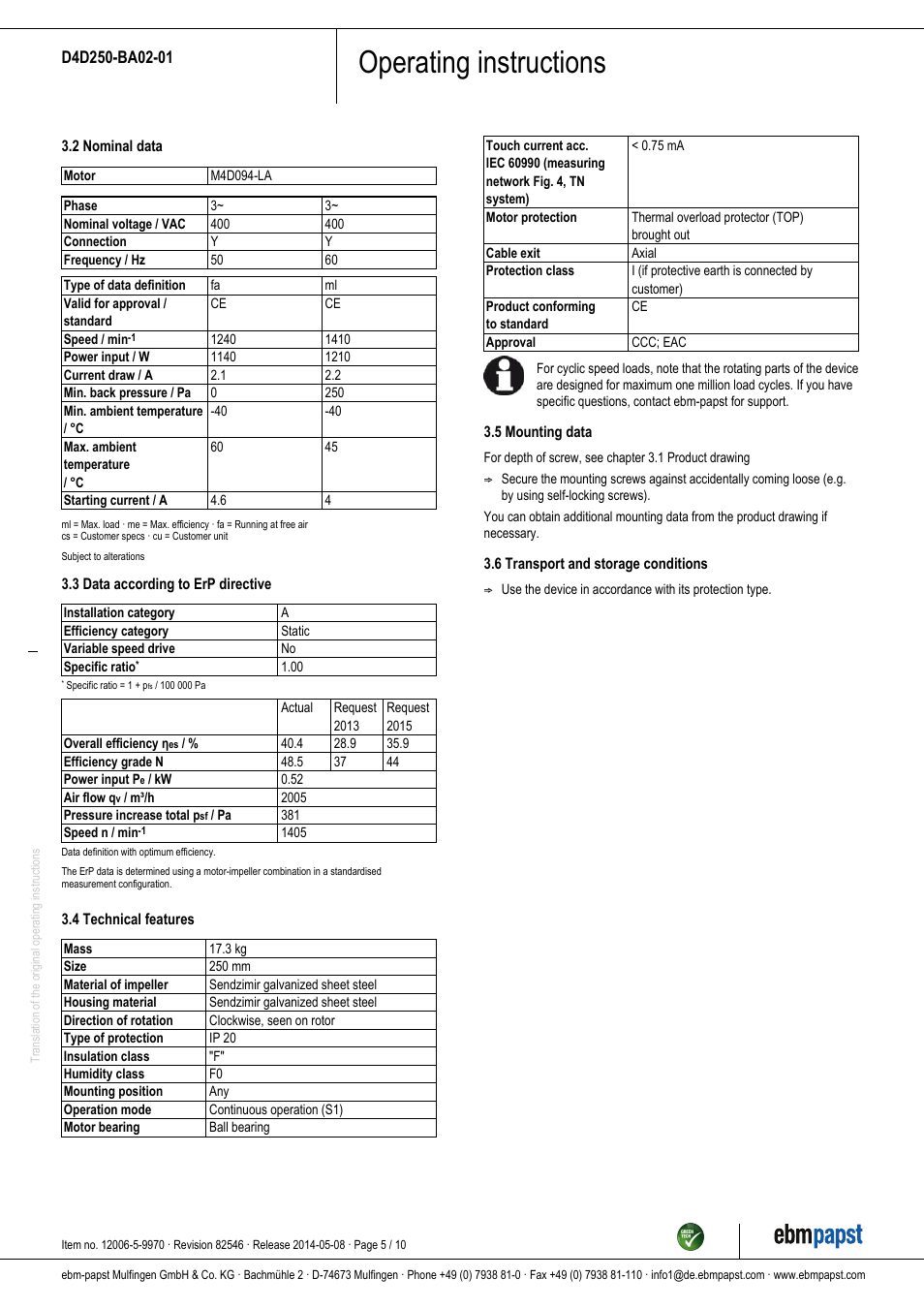 Operating instructions | ebm-papst D4D250-BA02-01 User Manual | Page 5 / 10