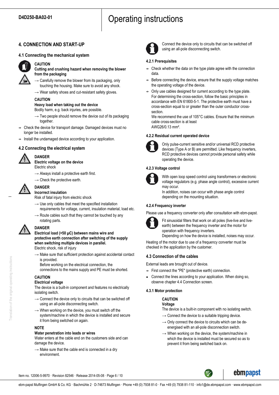 Operating instructions | ebm-papst D4D250-BA02-01 User Manual | Page 6 / 10