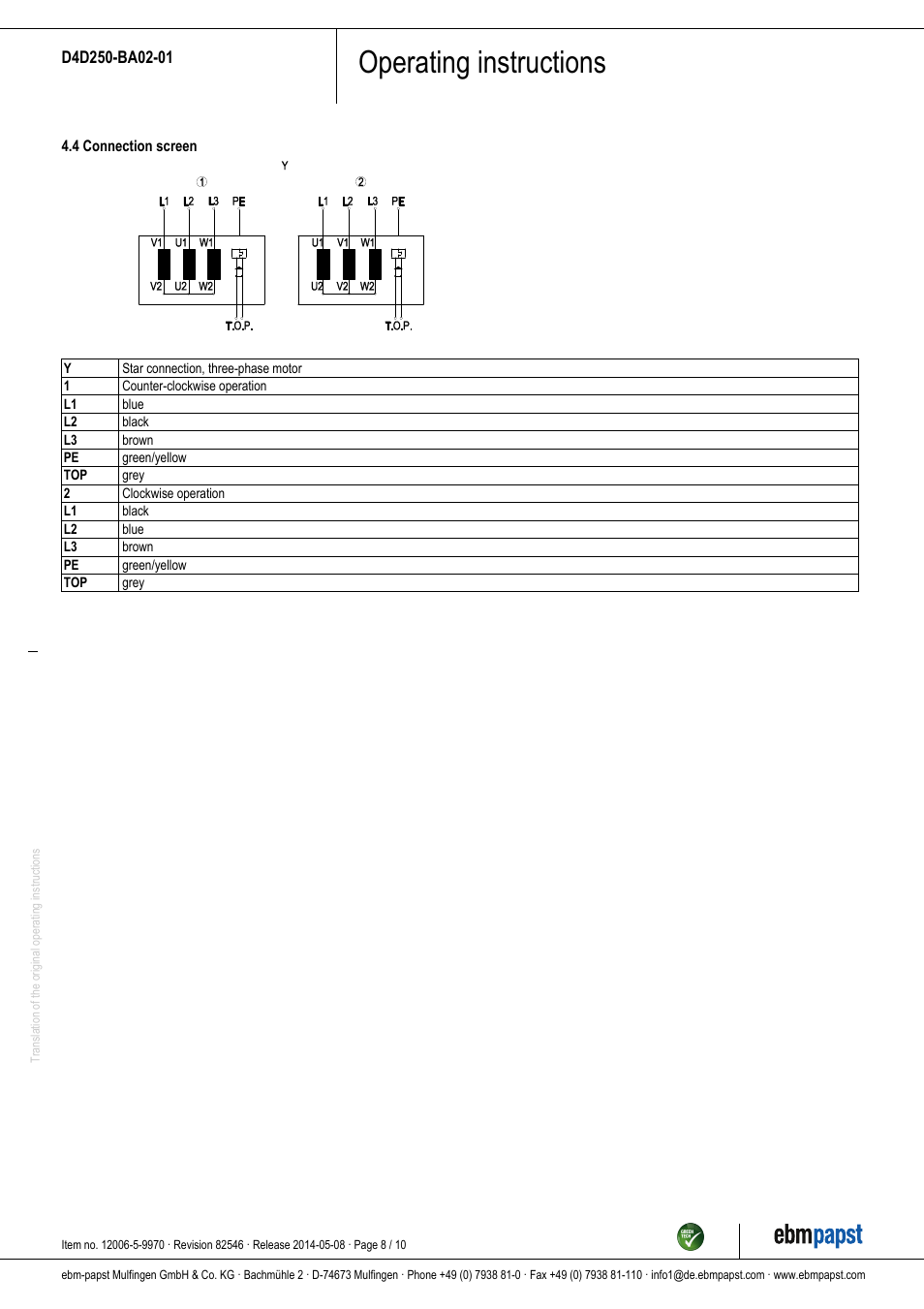 Operating instructions | ebm-papst D4D250-BA02-01 User Manual | Page 8 / 10